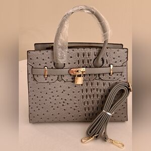 NEW Faux Croc/Ostrich Embossed Gray with Gold Hardware Tote and Shoulder Strap
